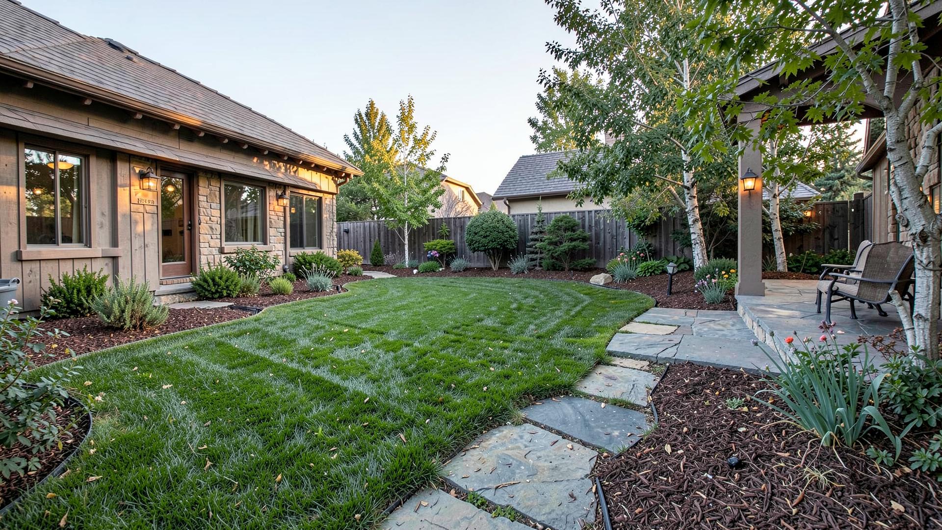 Landscaped Boulder backyard with manicured lawn and stone path